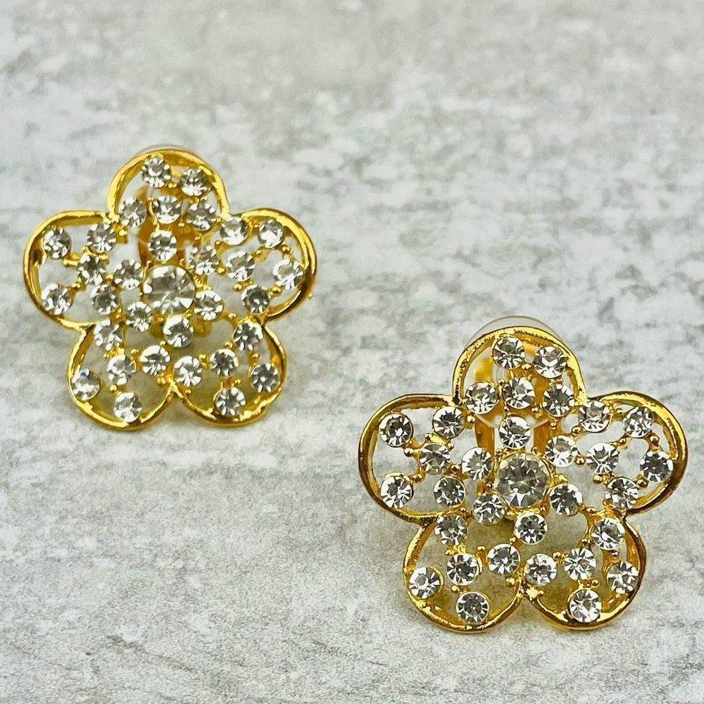 Clip-On Medium sized Gold Flower-Shaped Earrings with Diamond Accents